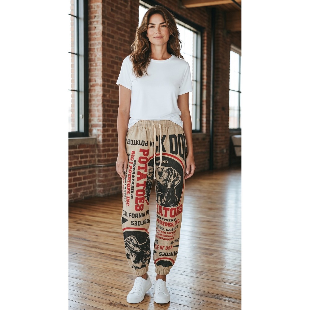 Vintage Sack Black Dog Potato Brand Joggers Graphic Sack Cloth Pants Beige